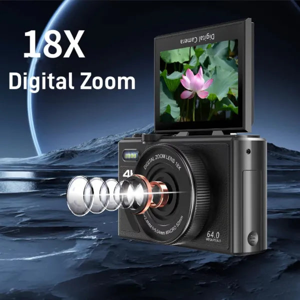 CamTravel 4K Compact Travel Camera – 64MP, WiFi, 18X Zoom, 3.0" Flip Screen | Vlogging & Photography