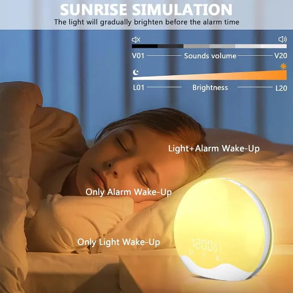 SunyClok Dawn Simulator Alarm Clock – Sunrise Wake-Up Light with 10,000 Lux, 12-Color Night Light & Sleep Aid