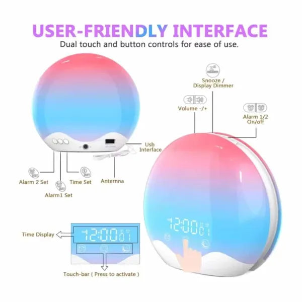SunyClok Dawn Simulator Alarm Clock – Sunrise Wake-Up Light with 10,000 Lux, 12-Color Night Light & Sleep Aid