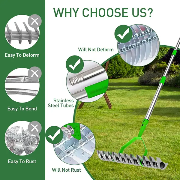 OmiRak3 Dethatching Rake – Double-Sided Stainless Steel Thatch Rake, 4-Section Adjustable Handle, Heavy Duty Dead Grass Removal