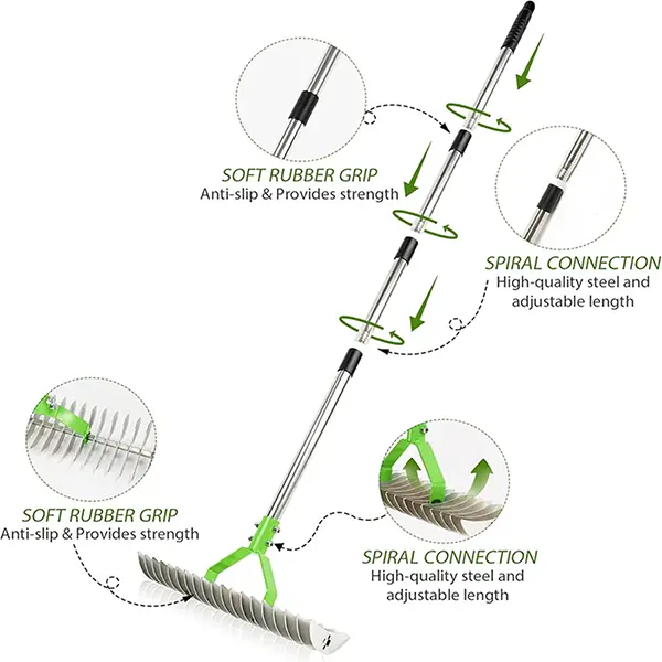 OmiRak3 Dethatching Rake – Double-Sided Stainless Steel Thatch Rake, 4-Section Adjustable Handle, Heavy Duty Dead Grass Removal