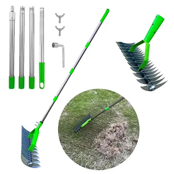OmiRak3 Dethatching Rake – Double-Sided Stainless Steel Thatch Rake, 4-Section Adjustable Handle, Heavy Duty Dead Grass Removal