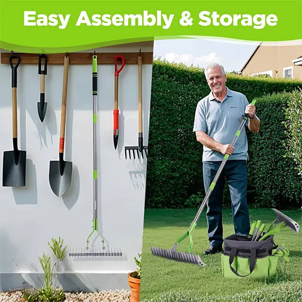 OmiRak3 Dethatching Rake – Double-Sided Stainless Steel Thatch Rake, 4-Section Adjustable Handle, Heavy Duty Dead Grass Removal