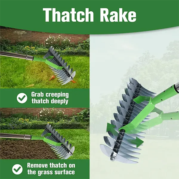 OmiRak3 Dethatching Rake – Double-Sided Stainless Steel Thatch Rake, 4-Section Adjustable Handle, Heavy Duty Dead Grass Removal