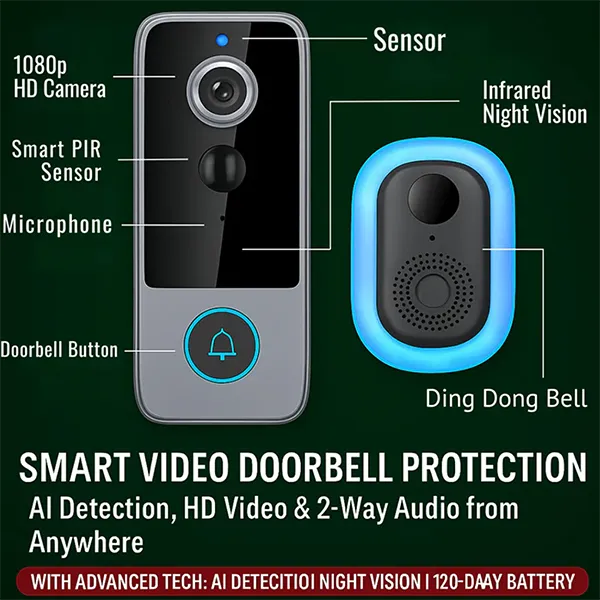 OliCam KZ Wireless Video Doorbell Camera – 1080P AI Night Vision, 4000mAh Battery, 2-Way Audio, No Subscription