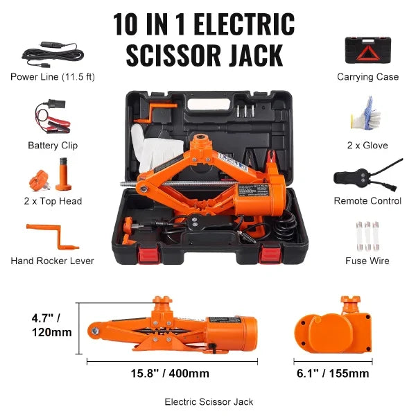 JakyCar Electric Car Jack – 3 Ton 12V Scissor Jack with Impact Wrench, Dual Saddles & Remote Control