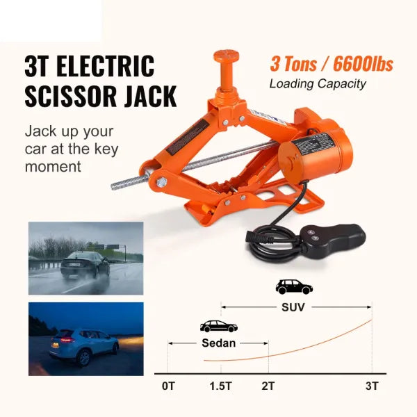 JakyCar Electric Car Jack – 3 Ton 12V Scissor Jack with Impact Wrench, Dual Saddles & Remote Control