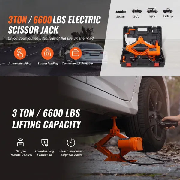 JakyCar Electric Car Jack – 3 Ton 12V Scissor Jack with Impact Wrench, Dual Saddles & Remote Control