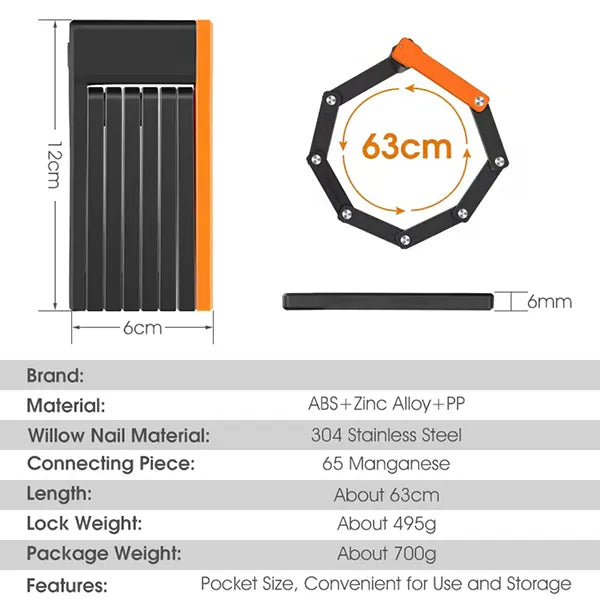FaveLock Heavy Duty Folding Bike Lock – 63cm Anti-Theft with Holder & 3 Keys for Bikes & Scooters