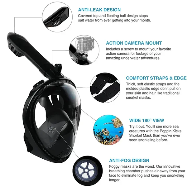 SnorkMask Full Face Snorkel Mask – 180° Panoramic View, Anti-Fog & Anti-Leak, Camera Mount, Foldable Snorkeling Set for Adults