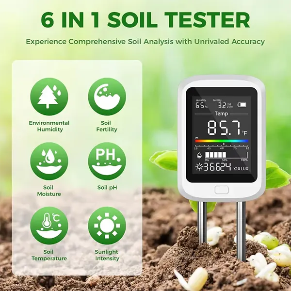 AmiSol3 6-in-1 Soil pH Tester – Rechargeable Digital Meter with LCD Display for pH, Moisture, Temperature, Sunlight & Fertility