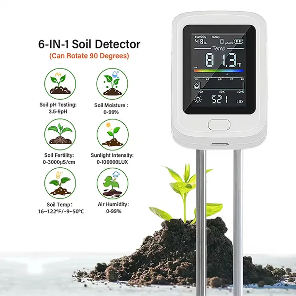 Famipheer 6-in-1 Soil pH Tester – Rechargeable Digital Meter with LCD Display for pH, Moisture, Temperature, Sunlight & Fertility
