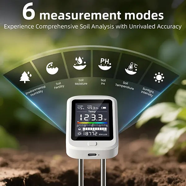 AmiSol3 6-in-1 Soil pH Tester – Rechargeable Digital Meter with LCD Display for pH, Moisture, Temperature, Sunlight & Fertility