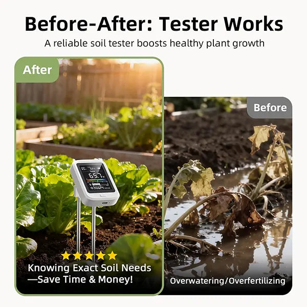 Famipheer 6-in-1 Soil pH Tester – Rechargeable Digital Meter with LCD Display for pH, Moisture, Temperature, Sunlight & Fertility