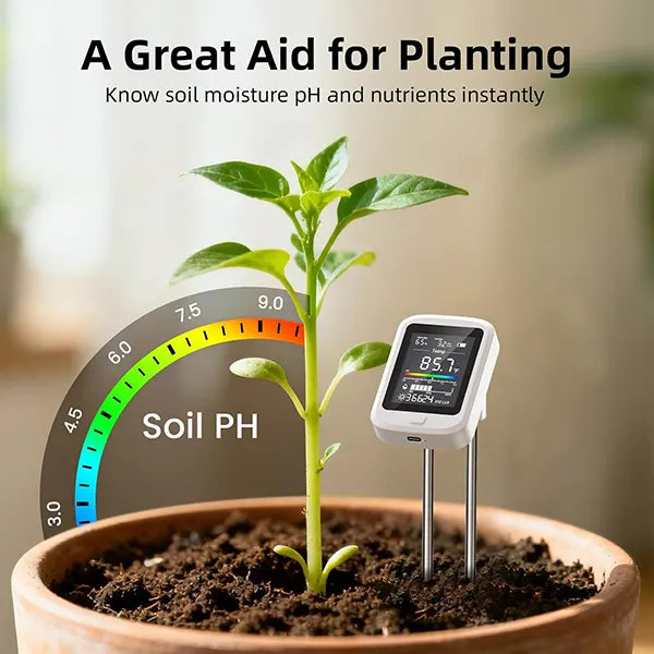Famipheer 6-in-1 Soil pH Tester – Rechargeable Digital Meter with LCD Display for pH, Moisture, Temperature, Sunlight & Fertility