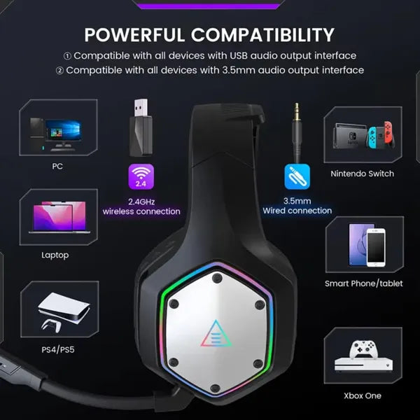 DarkEcho Wireless Gaming Headset – 2.4GHz, 7.1 Surround Sound, ENC Mic, RGB, PS5/PS4/PC/Switch/Xbox