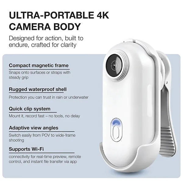 GoJo4K Body Cam – 4K Ultra HD WiFi Action Camera, Thumb-Size 1.25oz, IPX7 Waterproof, 120-Min Battery, 360° Magnetic Clip