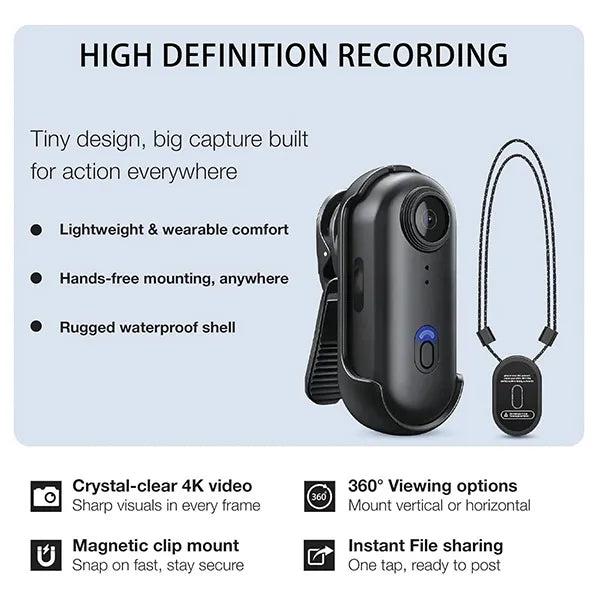 GoJo4K Body Cam – 4K Ultra HD WiFi Action Camera, Thumb-Size 1.25oz, IPX7 Waterproof, 120-Min Battery, 360° Magnetic Clip