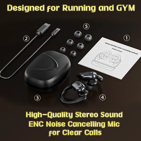 MaxSound Wireless Running Earbuds – Bluetooth, LED Display, Earhook, IPX7 Waterproof, Deep Bass HD Stereo for Gym & Sport