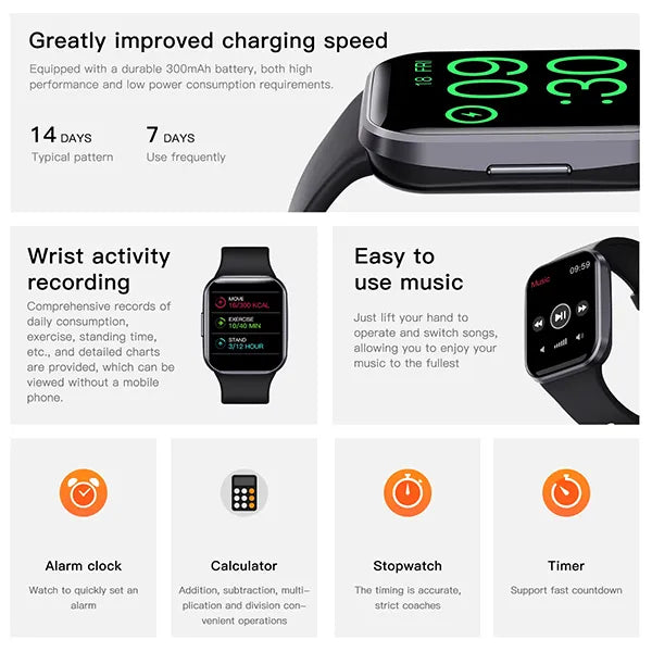 ElysTrack Health Tracker Smartwatch – 44mm, 1.69" Touch Screen, Heart Rate, Blood Pressure & Temperature Monitor