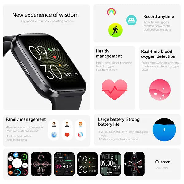 ElysTrack Health Tracker Smartwatch – 44mm, 1.69" Touch Screen, Heart Rate, Blood Pressure & Temperature Monitor