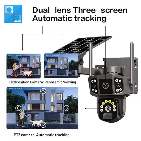 HomiSol 4K Solar Security Camera – PTZ WiFi & 4G, 360° View, Dual Lens, PIR Motion Detection & Built-in Battery