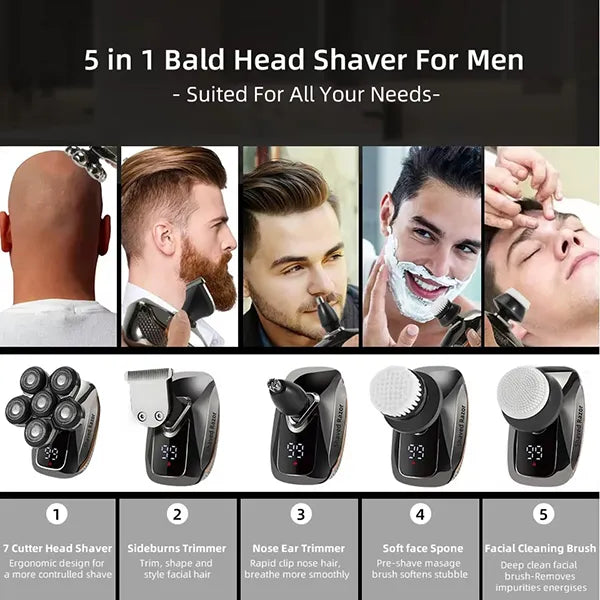MenLif 7D Head Shaver – 5-in-1 Electric Skull Razor with Nose & Beard Trimmer, IPX7 Waterproof & LED Display