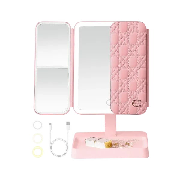 VanityGlow Lighted Makeup Mirror – 83 LEDs, 360° Fill Light, 3-Color Lighting, Trifold Portable Travel Mirror