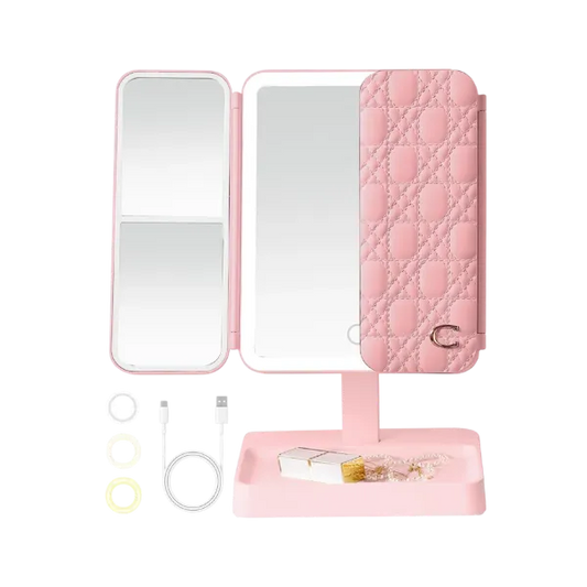 VanityGlow Lighted Makeup Mirror – 83 LEDs, 360° Fill Light, 3-Color Lighting, Trifold Portable Travel Mirror
