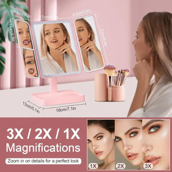 VanityGlow Lighted Makeup Mirror – 83 LEDs, 360° Fill Light, 3-Color Lighting, Trifold Portable Travel Mirror
