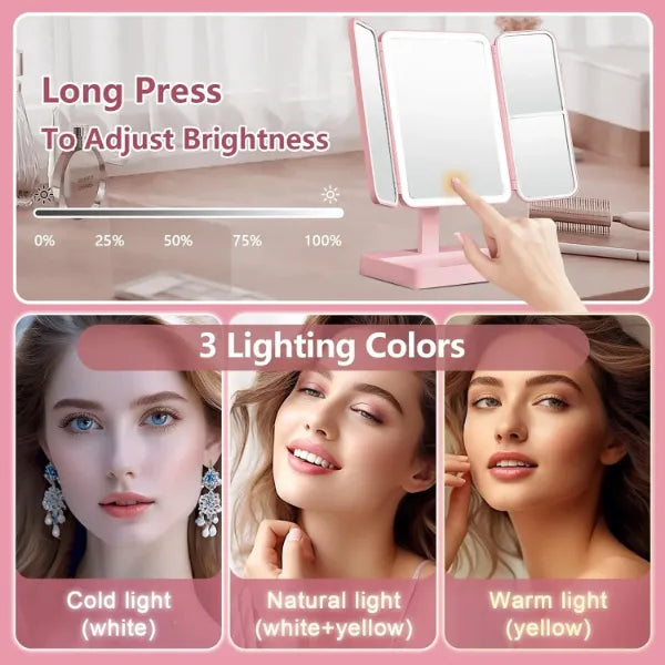 VanityGlow Lighted Makeup Mirror – 83 LEDs, 360° Fill Light, 3-Color Lighting, Trifold Portable Travel Mirror