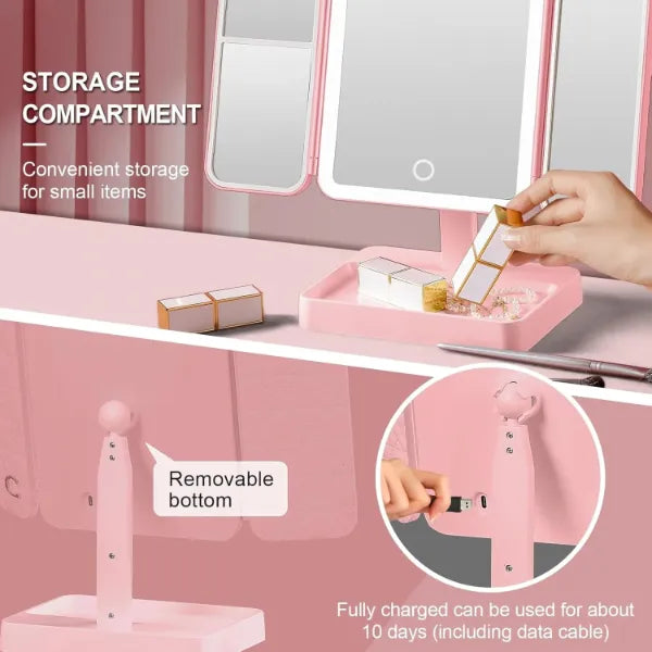 VanityGlow Lighted Makeup Mirror – 83 LEDs, 360° Fill Light, 3-Color Lighting, Trifold Portable Travel Mirror