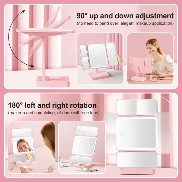 VanityGlow Lighted Makeup Mirror – 83 LEDs, 360° Fill Light, 3-Color Lighting, Trifold Portable Travel Mirror