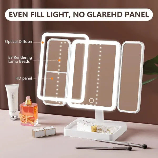 VanityGlow Lighted Makeup Mirror – 83 LEDs, 360° Fill Light, 3-Color Lighting, Trifold Portable Travel Mirror
