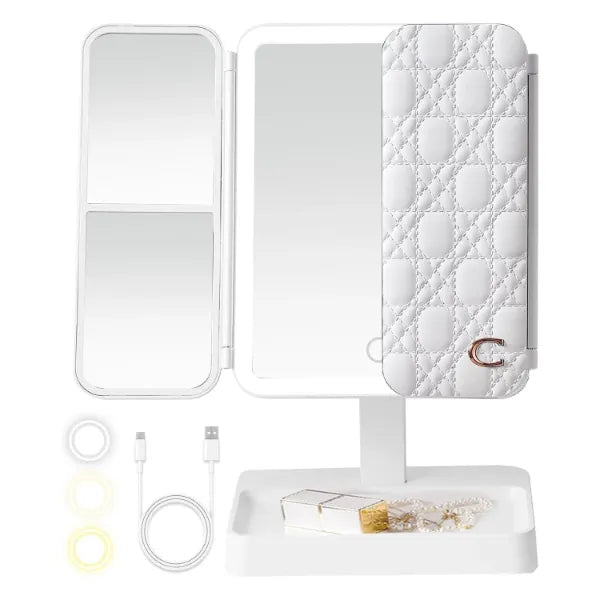 VanityGlow Lighted Makeup Mirror – 83 LEDs, 360° Fill Light, 3-Color Lighting, Trifold Portable Travel Mirror