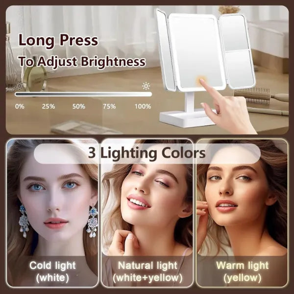VanityGlow Lighted Makeup Mirror – 83 LEDs, 360° Fill Light, 3-Color Lighting, Trifold Portable Travel Mirror