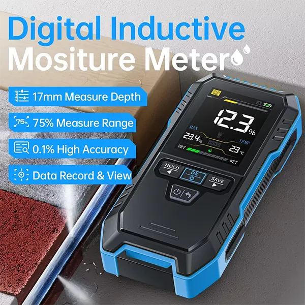 DrikCoter Pinless Moisture Meter – Rechargeable Humidity Detector for Wood, Wall, Concrete & Lumber with Data Hold, Record & Flashlight