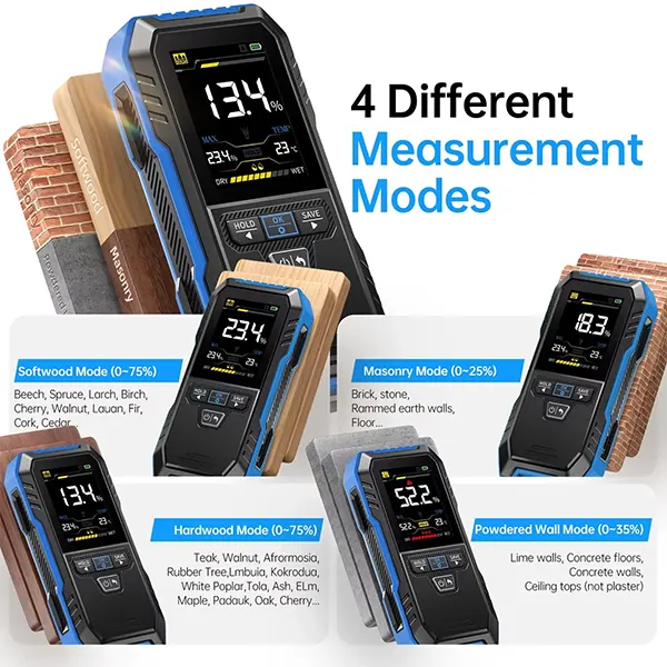DrikCoter Pinless Moisture Meter – Rechargeable Humidity Detector for Wood, Wall, Concrete & Lumber with Data Hold, Record & Flashlight