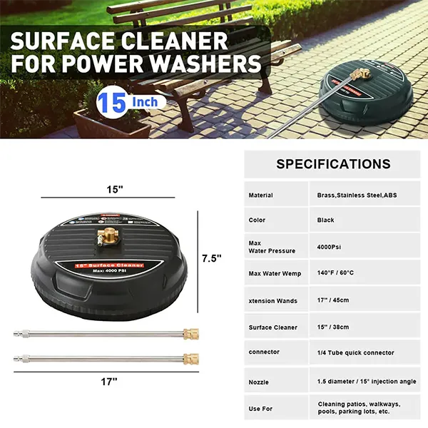 ZoliC3 Pressure Washer Surface Cleaner – 15", 4000 PSI, 2 Extension Wands, 1/4" Quick-Connect for Driveway, Patio & Concrete