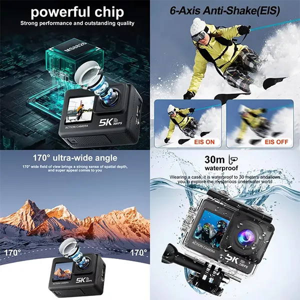 RikuCam 5K Action Camera – 50MP, IP68 Waterproof to 5M, 170° Wide Angle & Anti-Shake