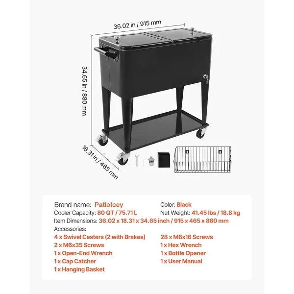 NioPatio Rolling Patio Cooler – 80Qt Ice Chest Cart on Wheels | Holds 50 Bottles / 110 Cans | Bottle Opener, Side Basket & Bottom Shelf