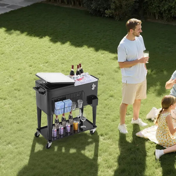 NioPatio Rolling Patio Cooler – 80Qt Ice Chest Cart on Wheels | Holds 50 Bottles / 110 Cans | Bottle Opener, Side Basket & Bottom Shelf