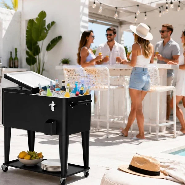 NioPatio Rolling Patio Cooler – 80Qt Ice Chest Cart on Wheels | Holds 50 Bottles / 110 Cans | Bottle Opener, Side Basket & Bottom Shelf