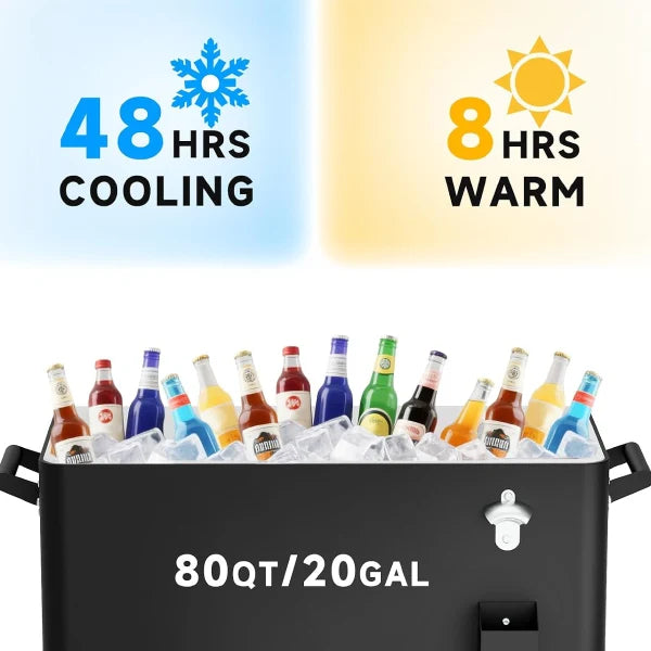NioPatio Rolling Patio Cooler – 80Qt Ice Chest Cart on Wheels | Holds 50 Bottles / 110 Cans | Bottle Opener, Side Basket & Bottom Shelf