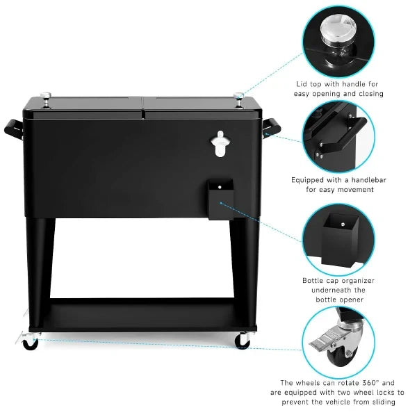 NioPatio Rolling Patio Cooler – 80Qt Ice Chest Cart on Wheels | Holds 50 Bottles / 110 Cans | Bottle Opener, Side Basket & Bottom Shelf