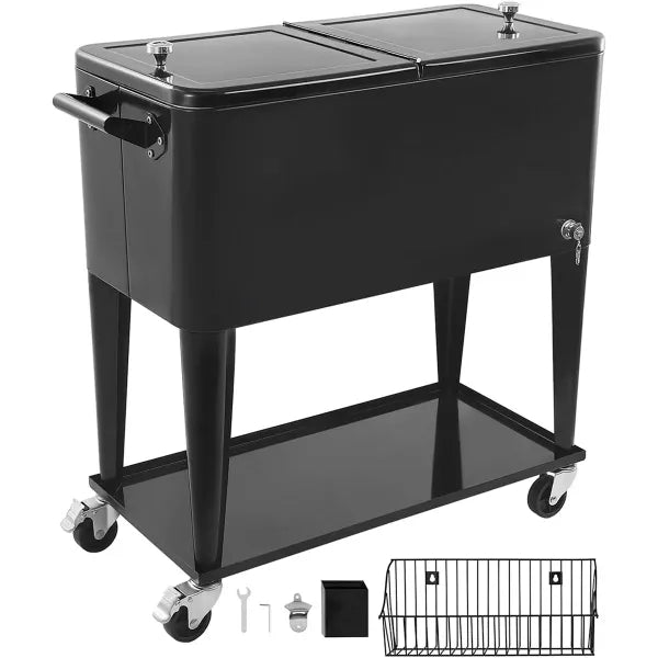 NioPatio Rolling Patio Cooler – 80Qt Ice Chest Cart on Wheels | Holds 50 Bottles / 110 Cans | Bottle Opener, Side Basket & Bottom Shelf