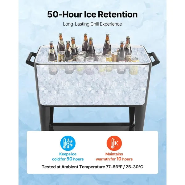 NioPatio Rolling Patio Cooler – 80Qt Ice Chest Cart on Wheels | Holds 50 Bottles / 110 Cans | Bottle Opener, Side Basket & Bottom Shelf