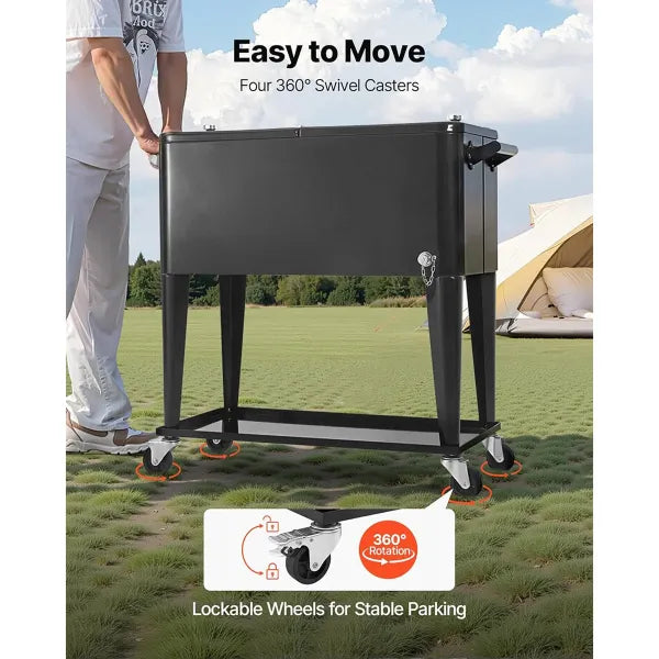 NioPatio Rolling Patio Cooler – 80Qt Ice Chest Cart on Wheels | Holds 50 Bottles / 110 Cans | Bottle Opener, Side Basket & Bottom Shelf