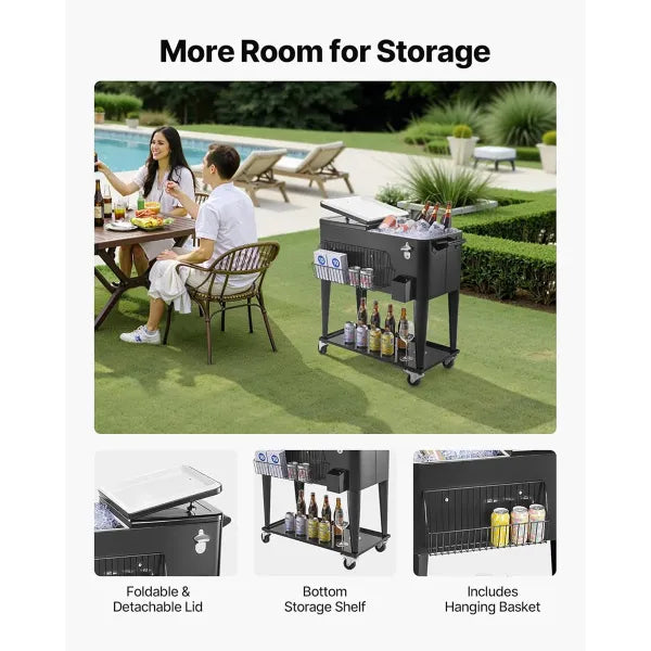 NioPatio Rolling Patio Cooler – 80Qt Ice Chest Cart on Wheels | Holds 50 Bottles / 110 Cans | Bottle Opener, Side Basket & Bottom Shelf