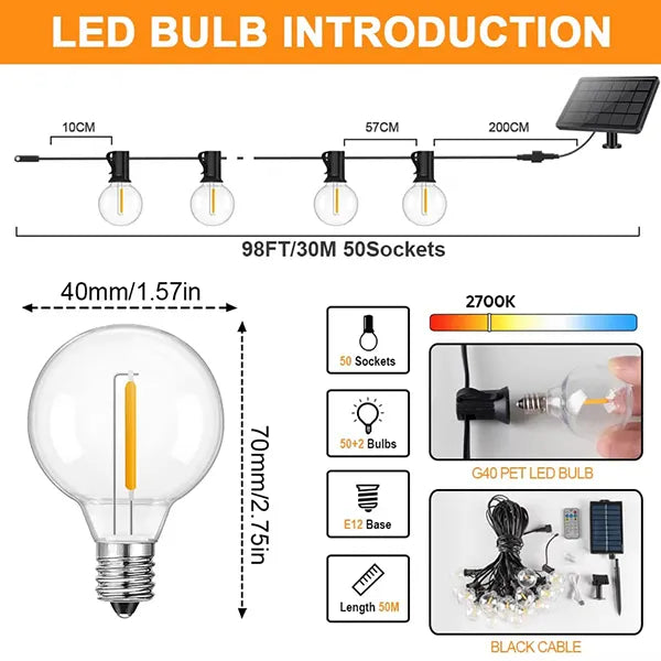 TiLights Outdoor Solar String Lights – Waterproof Connectable Edison Bulb Hanging Lights for Backyard, Porch & Party Decor
